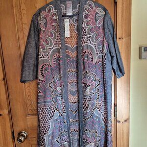 Chico's embroidered linen-cotton long kimono/duster jacket L/XL